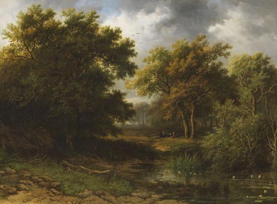 Willem Bodeman - Waldlandschaft mit Weiher und Rastenden