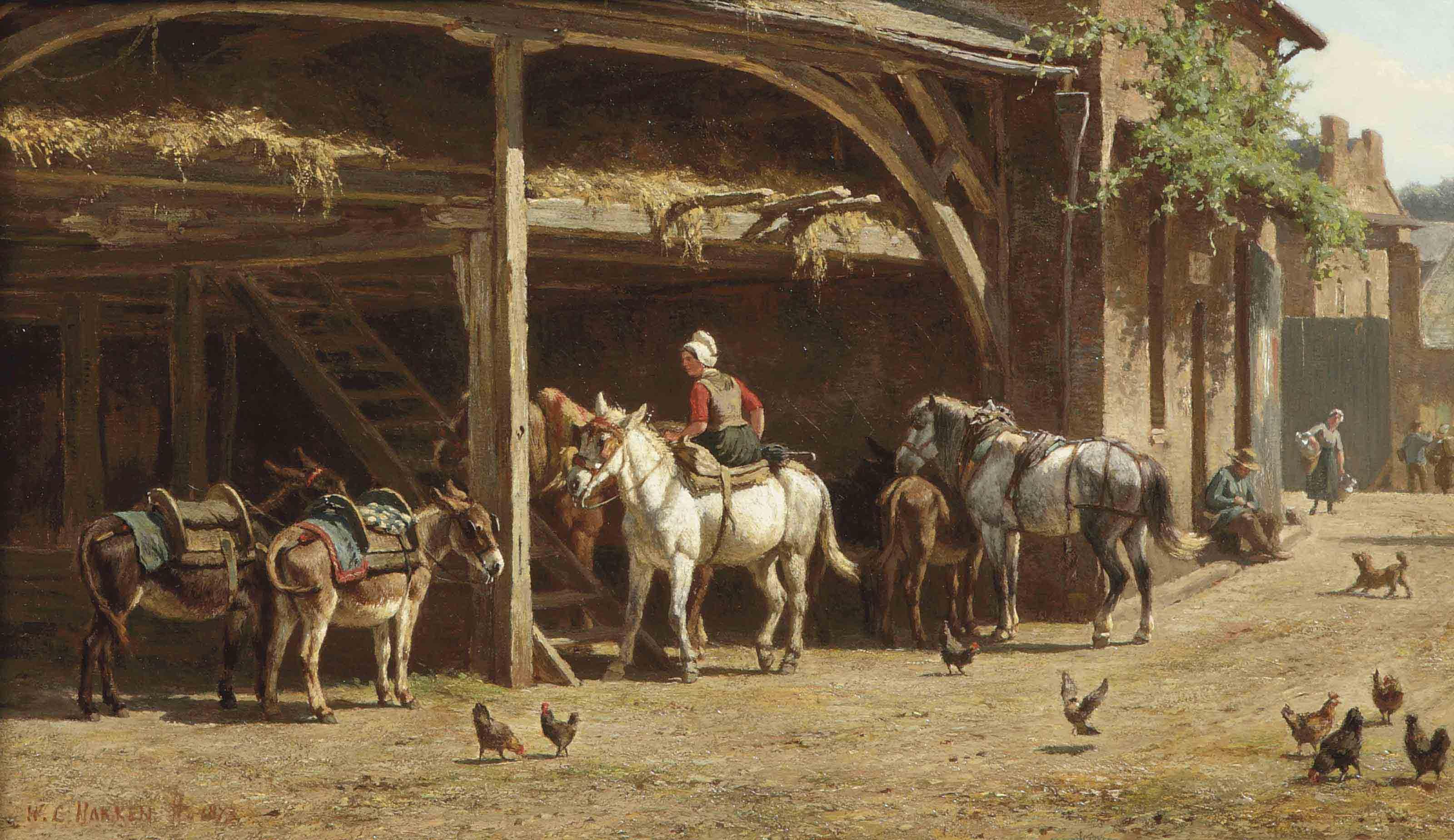 Willem Carel Nakken - Donkeys and horses gathered under a shelter n a Summer\'s day