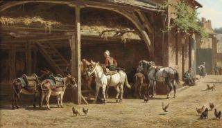Willem Carel Nakken - Donkeys and horses gathered under a shelter n a Summer\'s day
