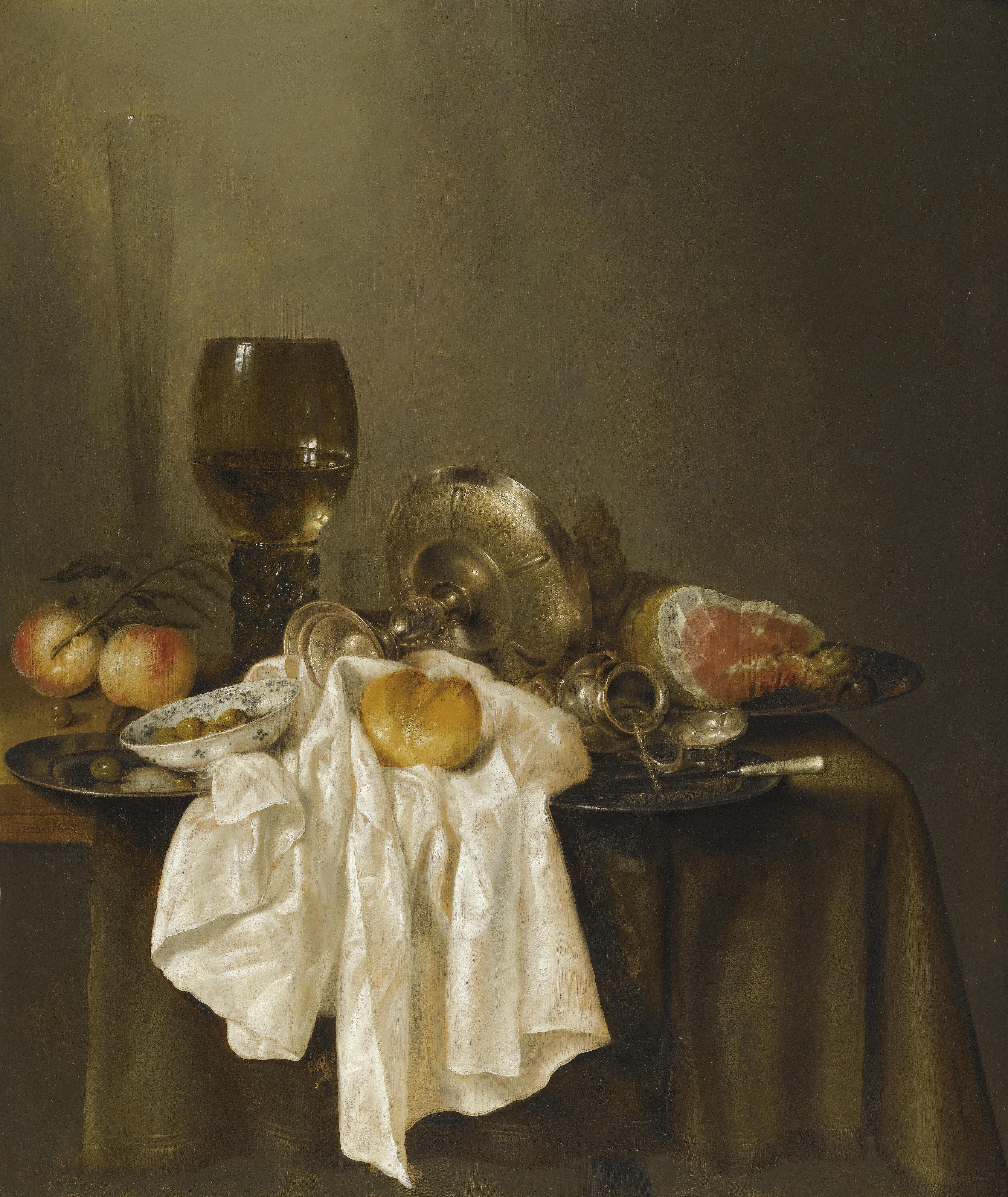 Willem Claesz. Heda - A Banketje Still Life With A Roemer, A Silver Tazza On Its Side, A Ham, Peaches, A Salt Cellar, A Bread Roll And A White Cloth On A Partly Draped Table