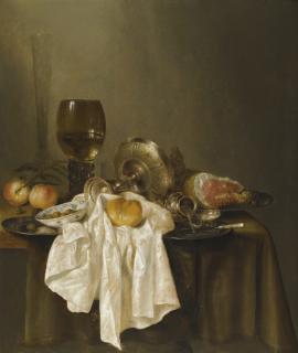 Willem Claesz. Heda - A Banketje Still Life With A Roemer, A Silver Tazza On Its Side, A Ham, Peaches, A Salt Cellar, A Bread Roll And A White Cloth On A Partly Draped Table