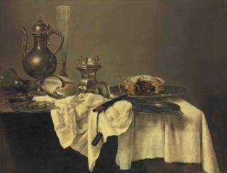 Willem Claesz. Heda - A blackberry pie, an upturned nautilus cup, a salt-cellar, a façon- de-Venise flute of wine, a silver ewer, an upturned roemer, hazelnuts, a silver knife and a knife-case, on a partly-draped table with pewter plates