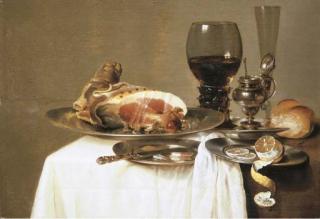 Willem Claesz. Heda - A ham on a pewter platter, and slices of ham and a knife on a pewter plate, with a bowl of olives, a roll, a pewter mustard pot, a partly-peeled lemon, a roemer and a glass flute on a partly draped table