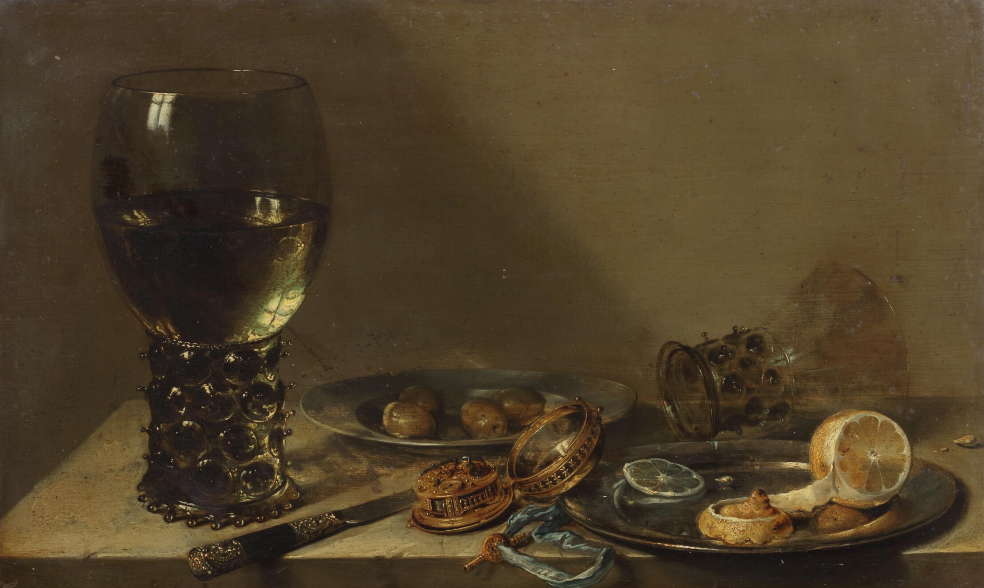 Willem Claesz. Heda - A large roemer, a silver knife, a gold pocket watch with blue ribbon, a pewter plate with a peeled lemon, with other objects on a ledge