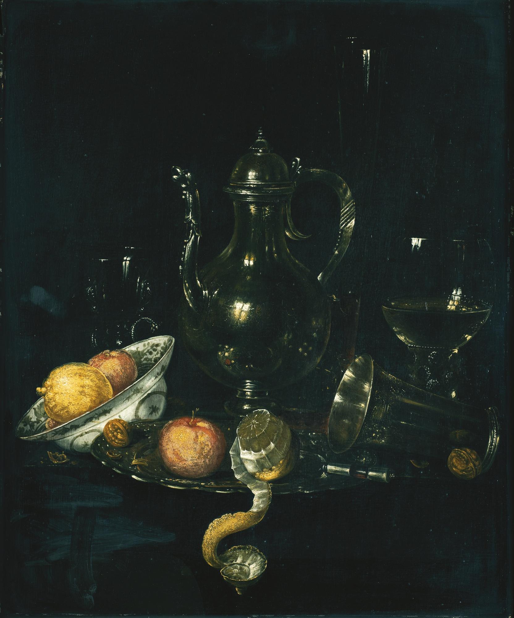 Willem Claesz. Heda - A Still Life With A Silver Ewer, A Silver Beaker, A Roemer And Fruit In A Porcelain Dish And On A Silver Platter