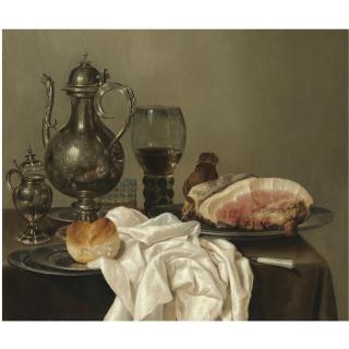 Willem Claesz. Heda - A Still Life With A Silver Tazza, A Silver Pot, A Roemer With White Wine, A Glass With Beer, Four Pewter Plates With A Bread Roll And A Shoulder Of Ham, All On A Green Table Cloth