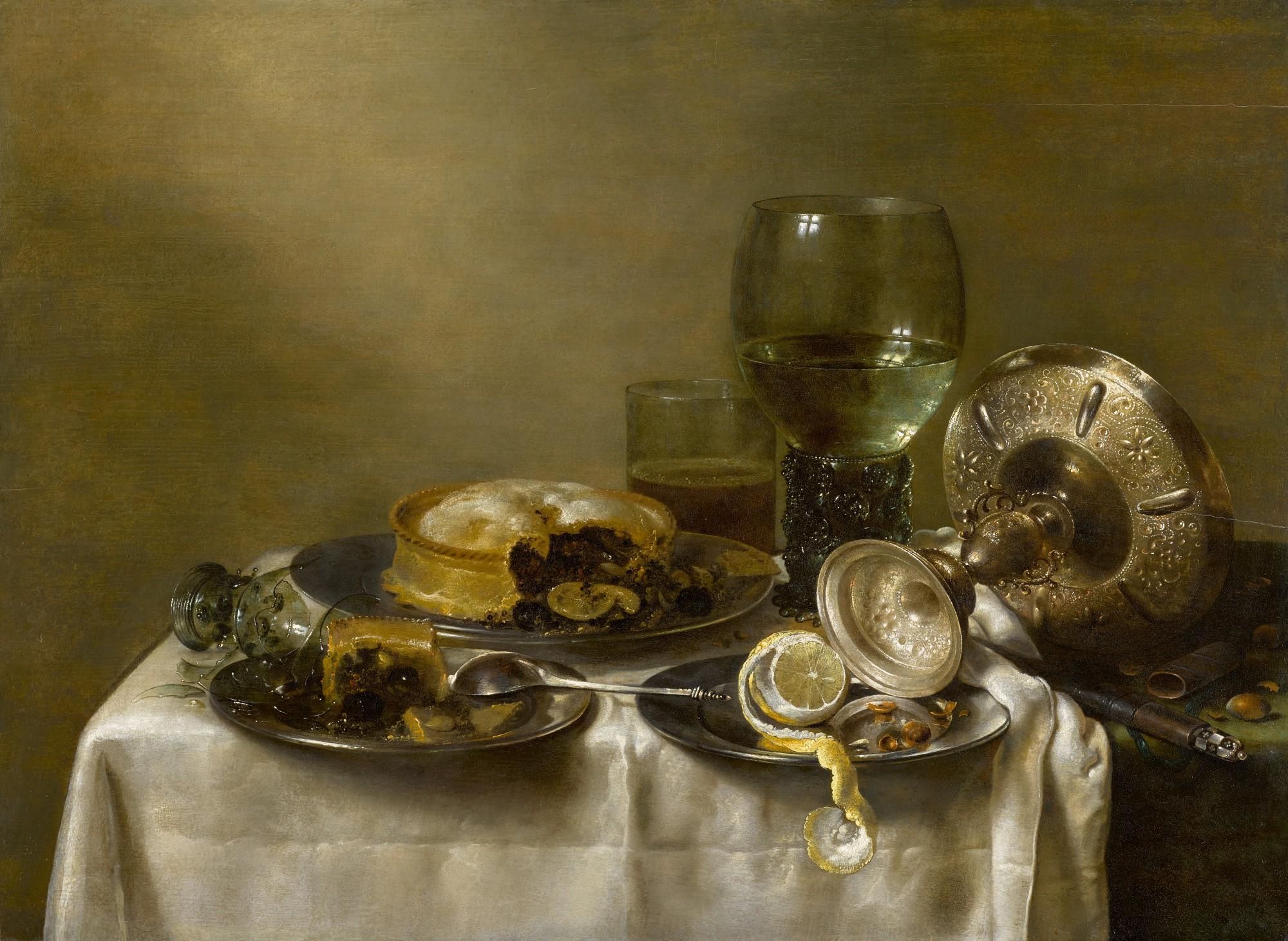 Willem Claesz. Heda - A still life with an overturned silver tazza, glassware, pies and a peeled lemon on a table |《靜物：桌上倒轉的銀製扁花瓶、玻璃器皿、餡餅和去皮檸檬》