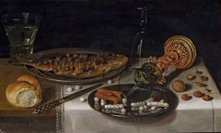 Willem Claesz. Heda - Nature Morte Au Roemer Avec Un Hareng, Un Pain, Une Coupe Renversé Et Des Sucreries Sur Un Entablement