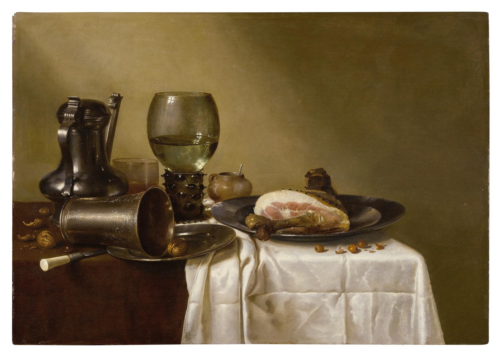 Willem Claesz. Heda - Still life of a pewter kanne, a roemer, an overturned silver beaker resting on a pewter plate and a ham upon another pewter plate, all upon a partially draped table