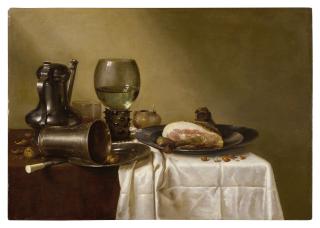 Willem Claesz. Heda - Still life of a pewter kanne, a roemer, an overturned silver beaker resting on a pewter plate and a ham upon another pewter plate, all upon a partially draped table