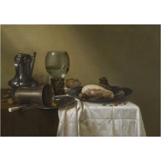 Willem Claesz. Heda - Still Life Of A Pewter Kanne, A Roemer, An Overturned Silver Beaker Resting On A Pewter Plate And A Ham Upon Another Pewter Plate, All Upon A Table Covered In A Brown Cloth And Partly Draped With A White Cloth