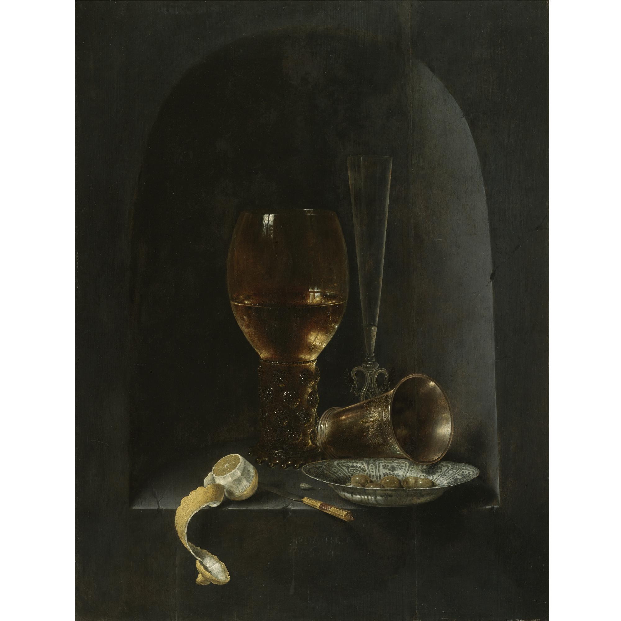 Willem Claesz. Heda - Still Life With A Roemer, A Fluted Wine-Glass, A Silver Goblet, A Blue-And-White Porcelain Bowl Filled With Green Olives, A Partly Peeled Lemon And A Knife, All Arranged Within A Stone Niche