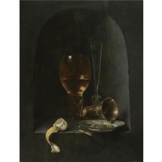 Willem Claesz. Heda - Still Life With A Roemer, A Fluted Wine-Glass, A Silver Goblet, A Blue-And-White Porcelain Bowl Filled With Green Olives, A Partly Peeled Lemon And A Knife, All Arranged Within A Stone Niche