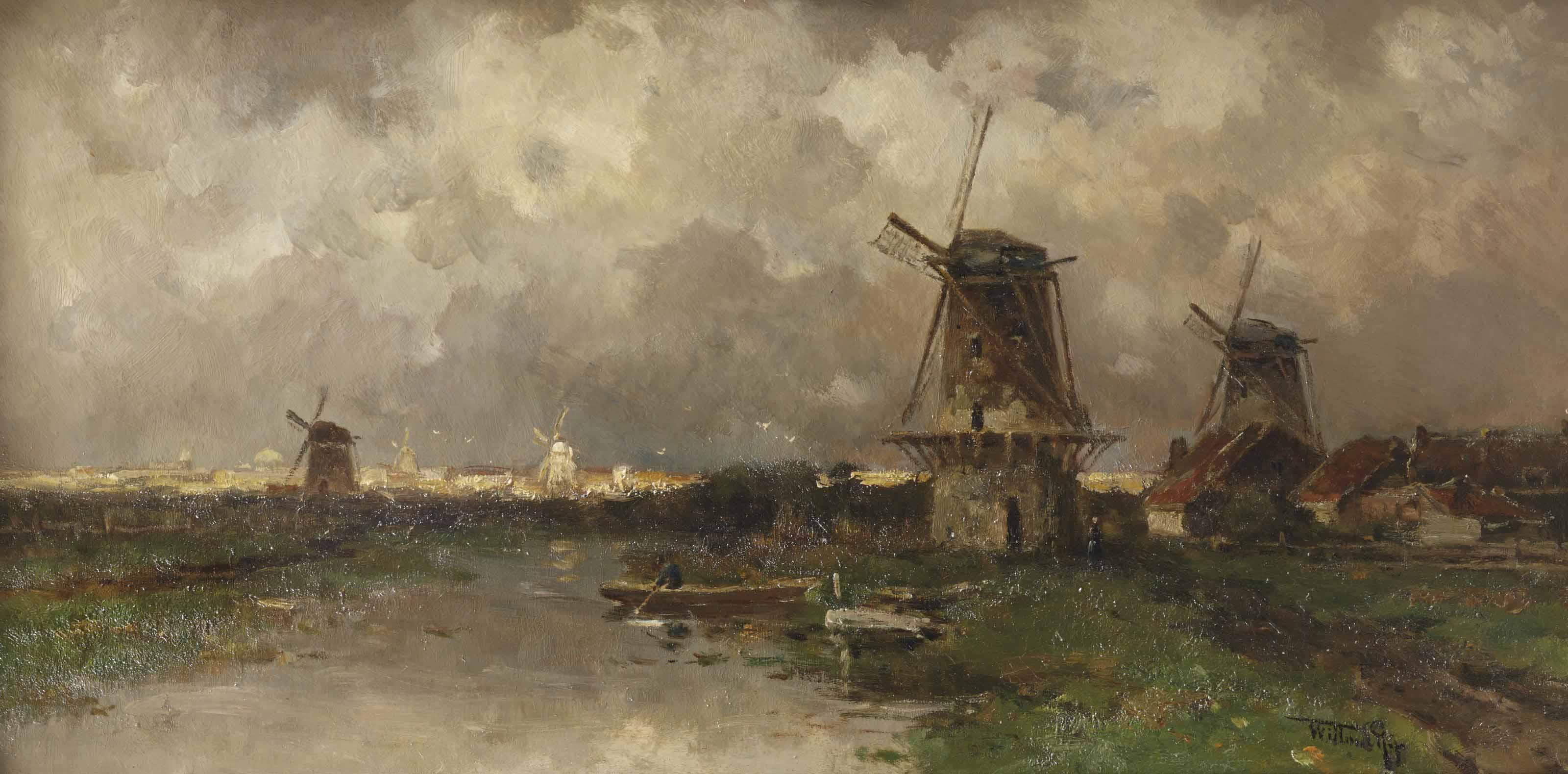Willem Cornelis Rip - Opkomend onweder: windmills along a river