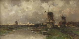 Willem Cornelis Rip - Opkomend onweder: windmills along a river