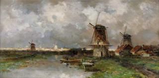 Willem Cornelis Rip - Opkomend onweder: windmills along a river