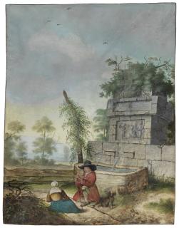 Willem de Heer - A pair of landscapes with travelers resting by a fountain
