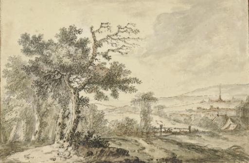 Willem De Heusch - A landscape with a village in the distance