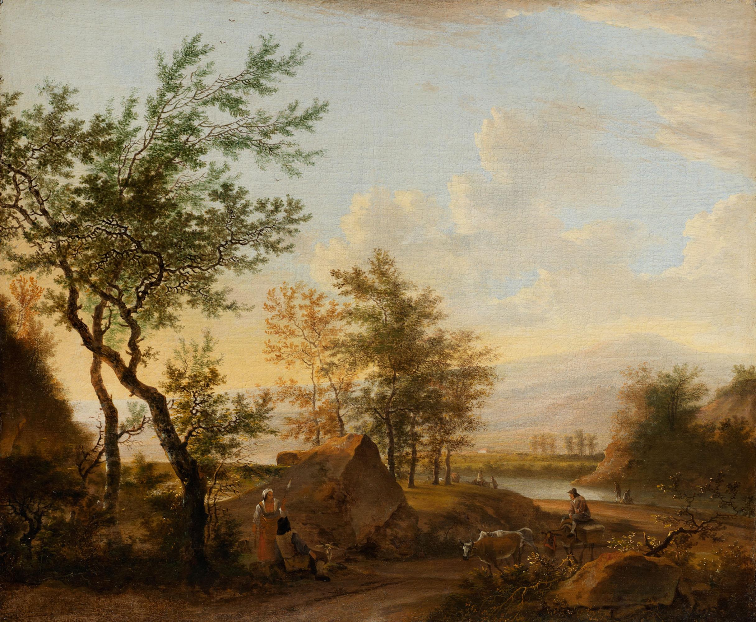 Willem De Heusch - A pastoral landsacape with peasants and cattle at dusk