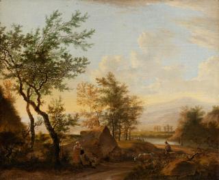 Willem De Heusch - A pastoral landsacape with peasants and cattle at dusk