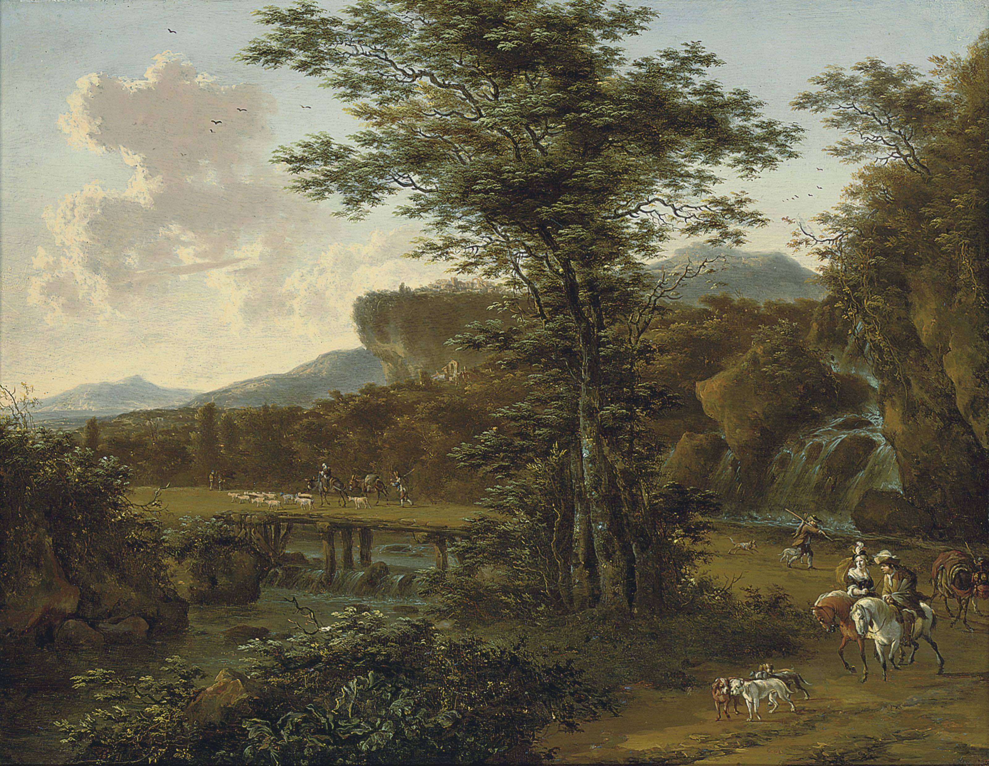 Willem de Heusch - A river landscape with travellers on a track near a waterfall