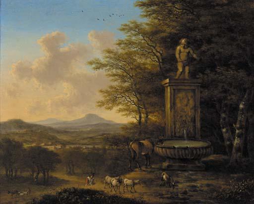 Willem de Heusch - An extensive landscape with a shepherd and his flock at a fountain