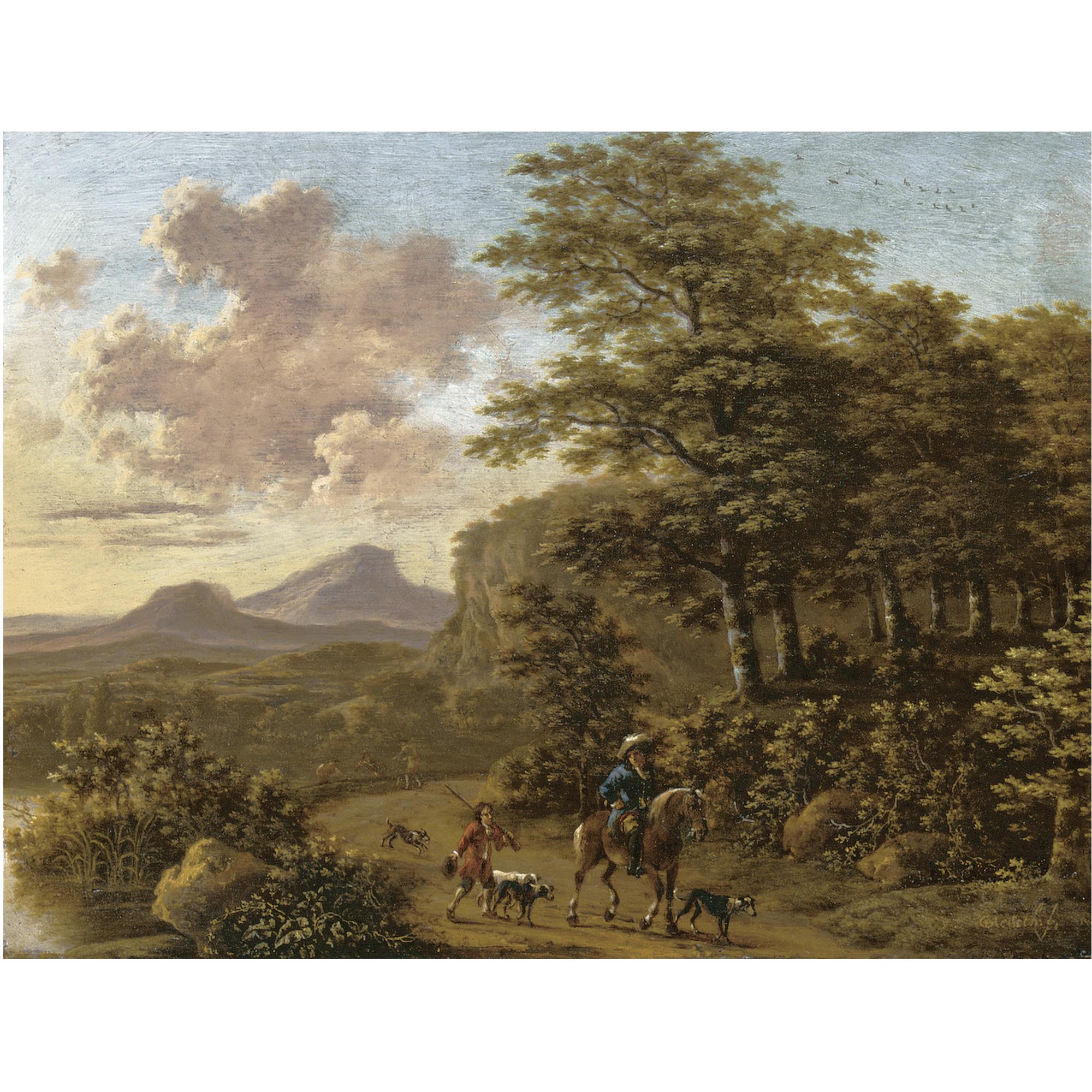 Willem de Heusch - An Italianate Landscape With Huntsmen And Their Hounds On A Road Beside A River