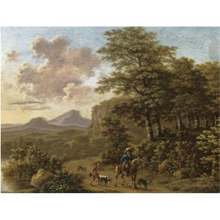 Willem de Heusch - An Italianate Landscape With Huntsmen And Their Hounds On A Road Beside A River