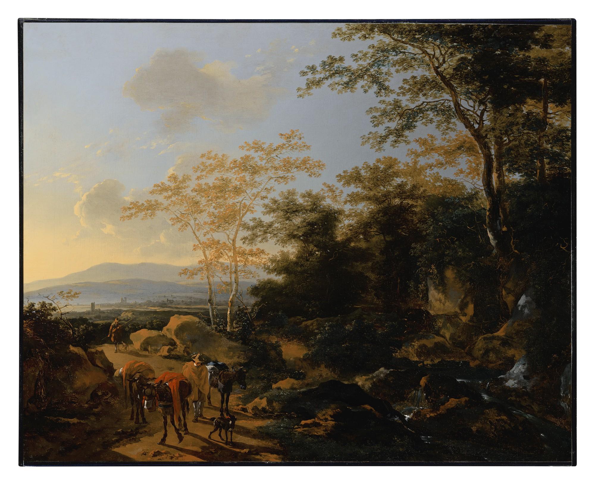 Willem De Heusch - An Italianate landscape with travelers and mules by a waterfall