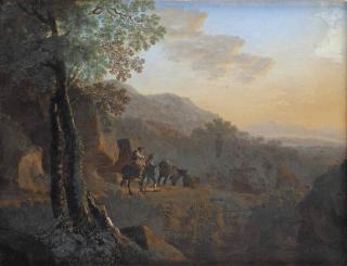 Willem De Heusch - An Italianate rocky landscape with herdsmen driving cows on a path
