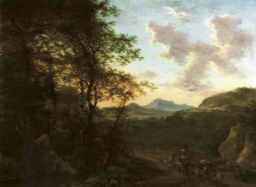 Willem de Heusch - An Italianate wooded landscape with a peasant on his mule driving sheep on a track, a river and mountains beyond