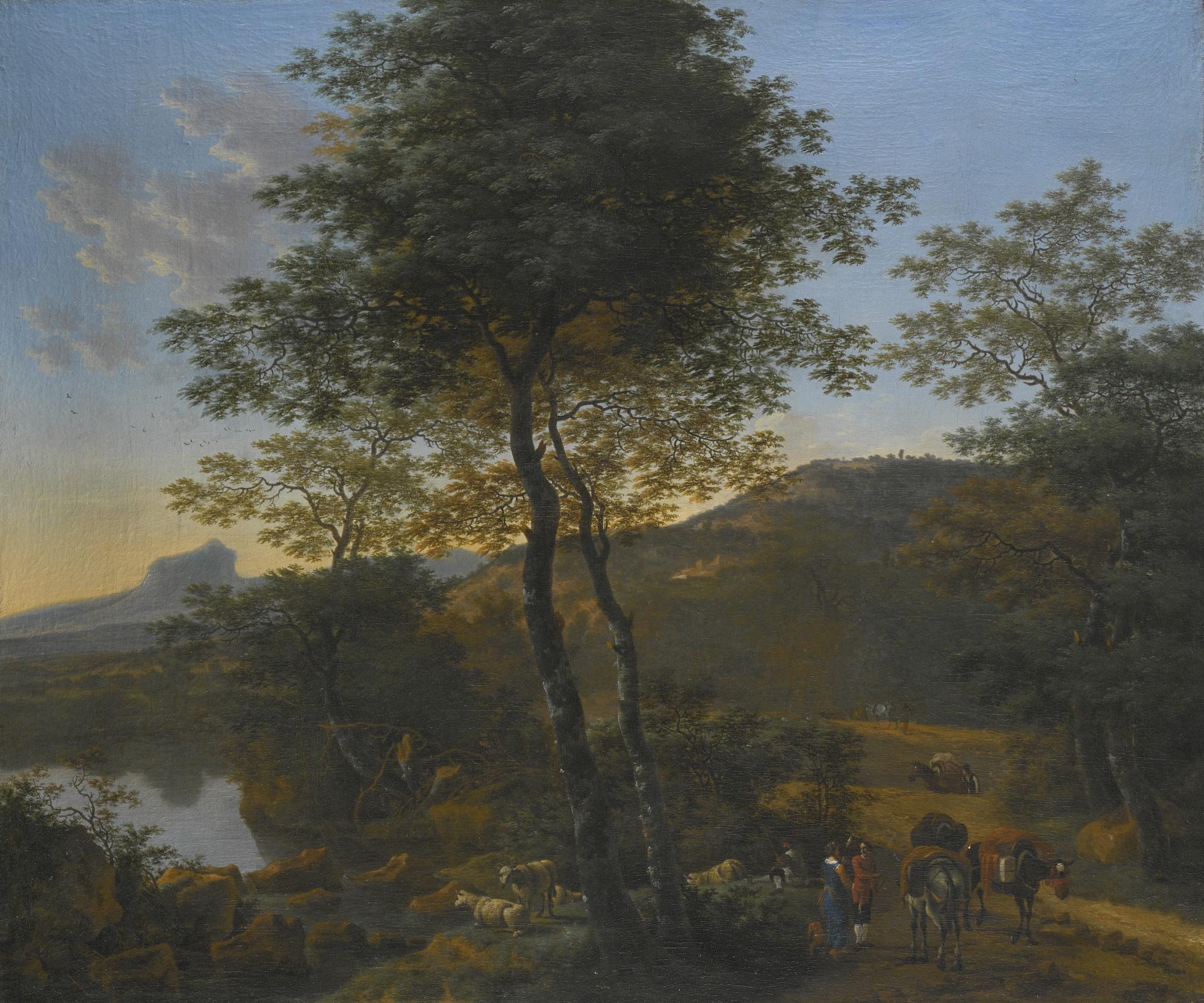 Willem De Heusch - Italianate Wooded River Landscape With Travellers And Their Mules On A Path, A Shepherd And His Flock, And A Mountain Beyond