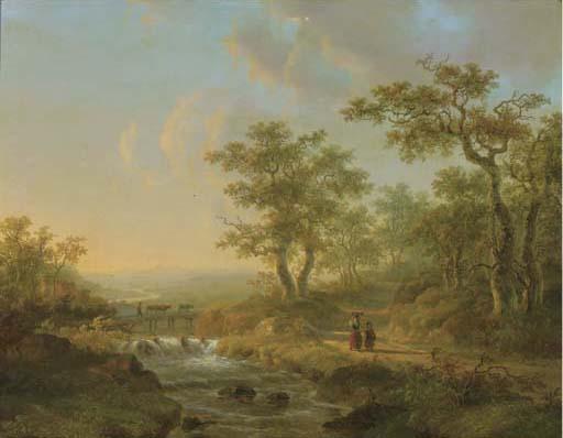 Willem De Klerk - A peasant woman and child on a wooded path by a forest