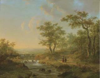 Willem De Klerk - A peasant woman and child on a wooded path by a forest