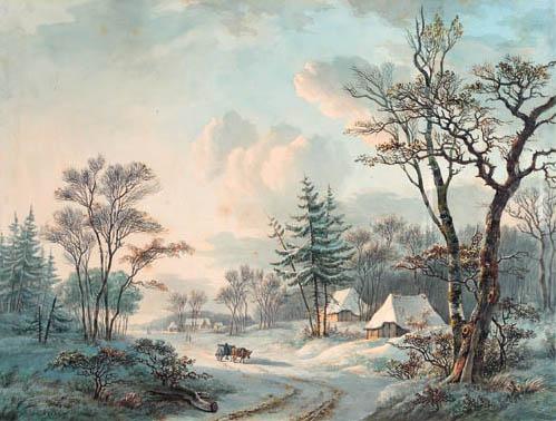 Willem De Klerk - A winter landscape with an ox-cart on a wooded road near a village