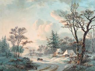 Willem De Klerk - A winter landscape with an ox-cart on a wooded road near a village