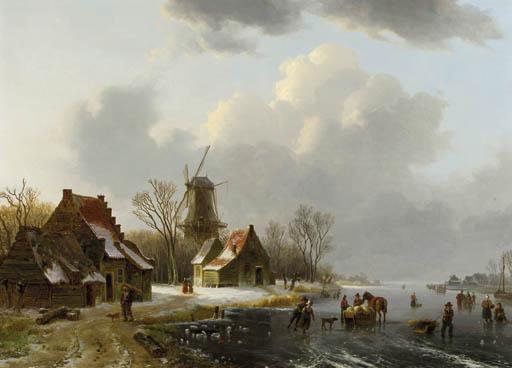 Willem De Klerk - A winterlandscape with peasants on a frozen waterway, with farmhouses and a windmill beyond