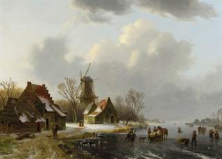Willem De Klerk - A winterlandscape with peasants on a frozen waterway, with farmhouses and a windmill beyond