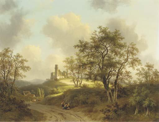 Willem de Klerk - Figures resting on a country road in a wooded landscape