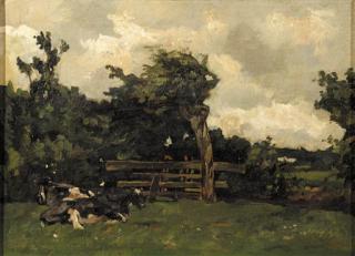 Willem De Zwart - Cows in a meadow in a wooded landscape