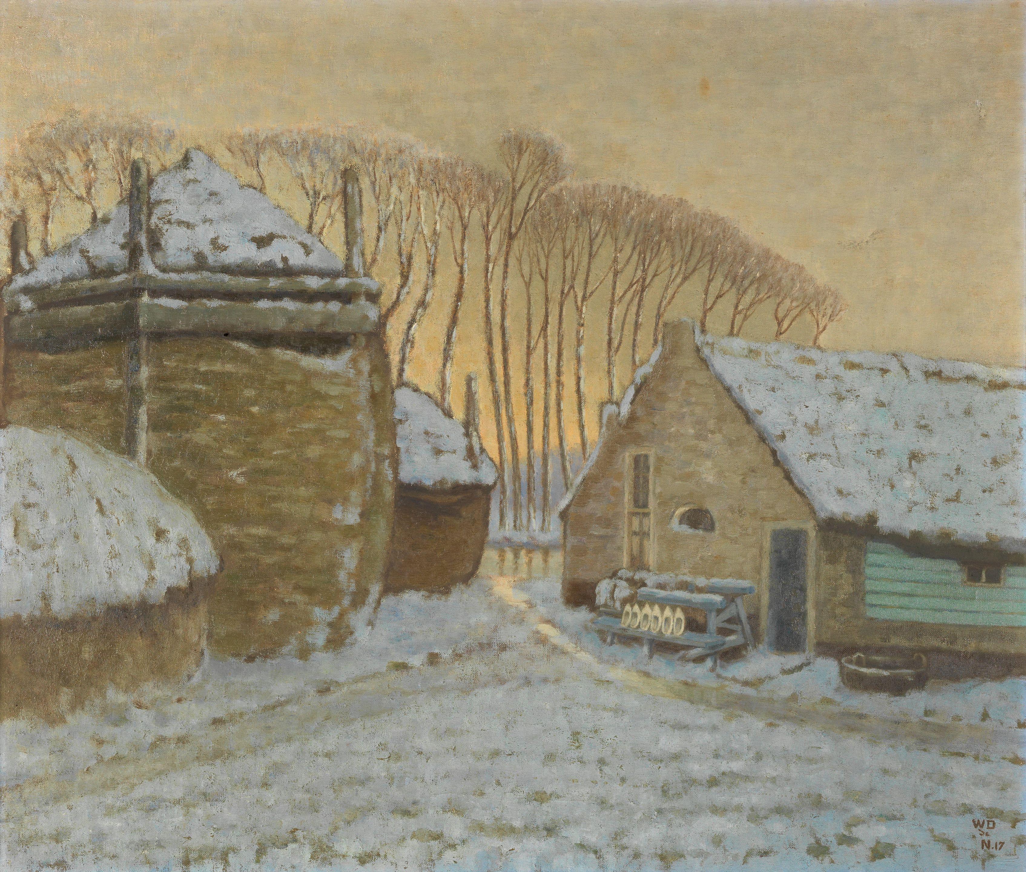 Willem Degouve de Nuncques - Boerderij in de winter bij zonsondergang