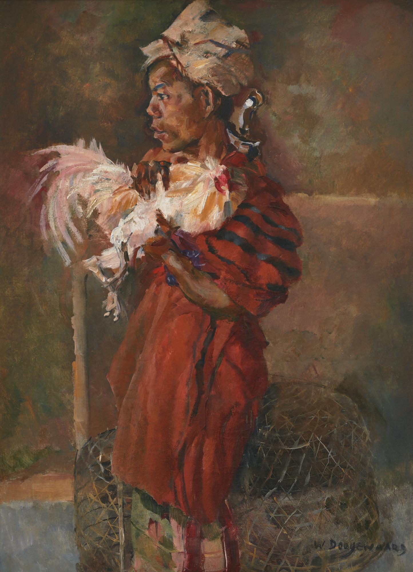 Willem Dooijewaard Balinese Man With His Fighting Rooster Signed