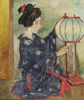 Willem Dooijewaard - Geisha bij lamp - Japan; geisha holding a lantern, Kyoto