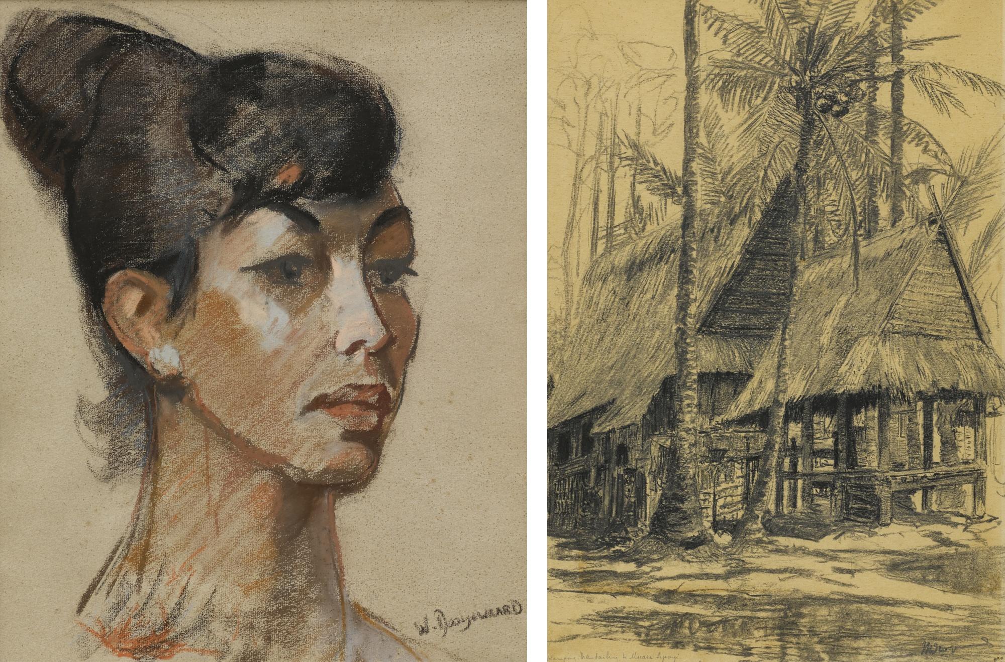 Willem Dooijewaard - (I) Drawing Of A Kampong (Ii) Portrait Of A Woman