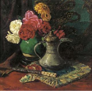 Willem Elisa Roelofs Jun. - Roses in a chinese jar amongst oriental objects