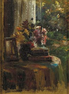 Willem Elisa Roelofs - A still life of a mixed bouquet and books on a table
