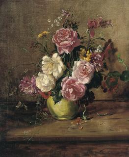 Willem Elisa Roelofs - Roses, crysanthemums and other flowers in a green vase, on a wooden ledge