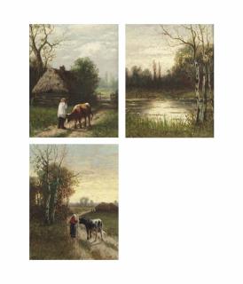 Willem Frederik Hulk - A Peasant With A Cow Near A Wooden Shed; And A Wooded Landscape At Sunset With A Peasant Woman And A Cow; A Wooded Landscape With A Pond