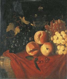 Willem Frederik van Royen - Des Pêches, des cerises, du raisin et un verre sur un entablement drapé