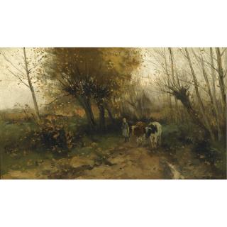 Willem George Frederik Jansen - A Cowherdess With Her Cattle On A Country Lane